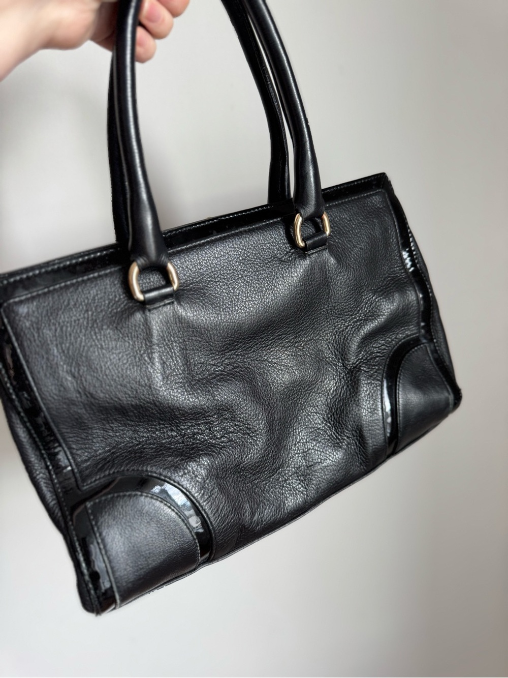 Furla Black Leather Tote Bag Gold Hardware Structured Satchel Purse - Picture 7 of 15